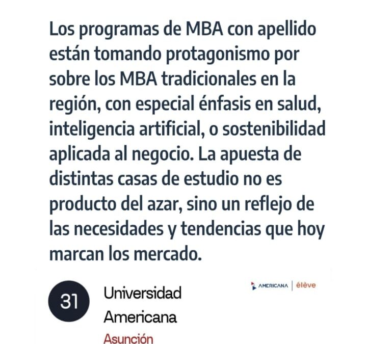 Universidad Americana destaca en el Ranking 2024 de las Mejores Escuelas de Negocios de América Latina